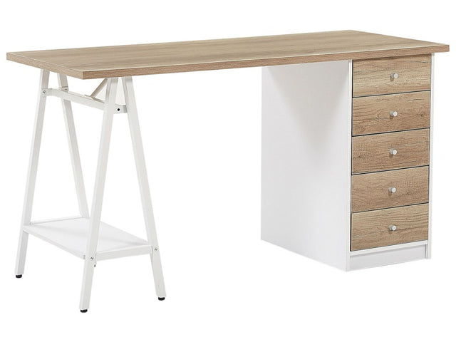 Home Office Computer Desk Light Wood Top 140 x 60 cm with Drawers White Frame Beliani