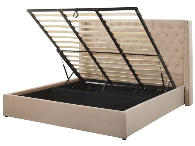 Bed Frame with Storage Beige Velvet Upholstered 6ft EU Super King Size High Headboard Beliani