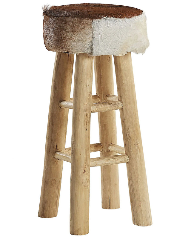 Bar Stool Lambskin Leather Teak Wood Legs Rustic Style Tall Stool Beliani