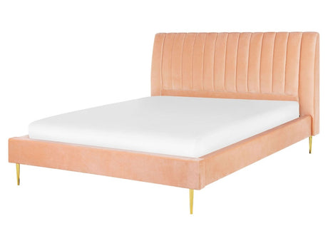 EU King Size Panel Bed 5ft3 Peach Pink Velvet Slatted Base High Headrest Vintage Beliani