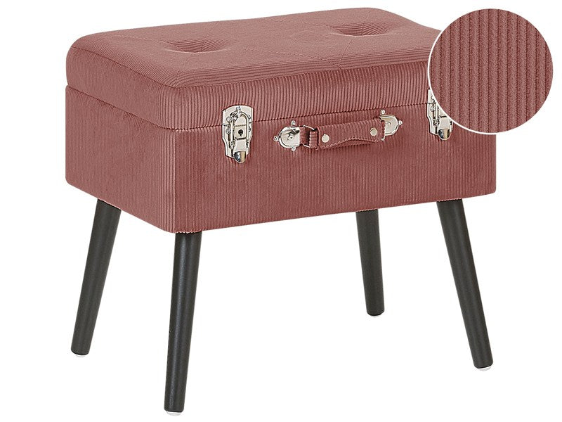 Stool with Storage Pink Corduroy Upholstered Black Legs Suitcase Design Buttoned Top Beliani