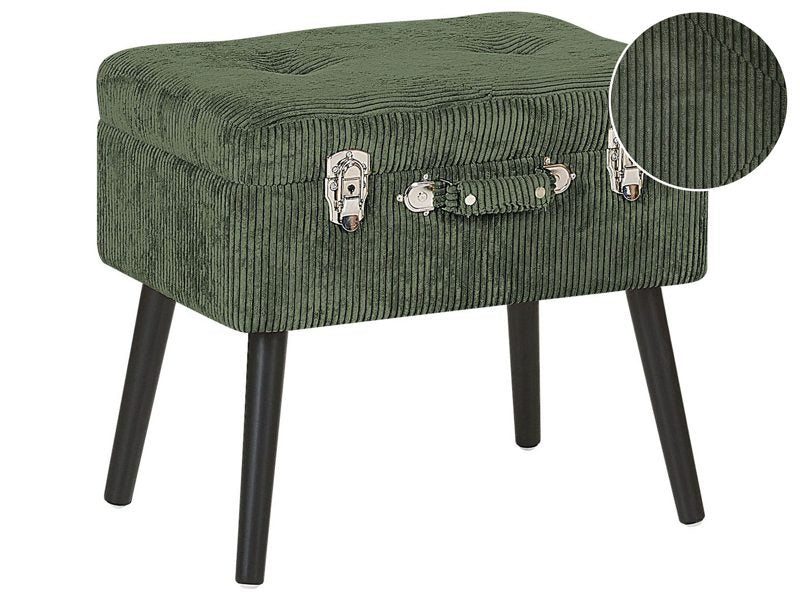 Stool with Storage Dark Green Corduroy Upholstered Black Legs Suitcase Design Buttoned Top  Beliani