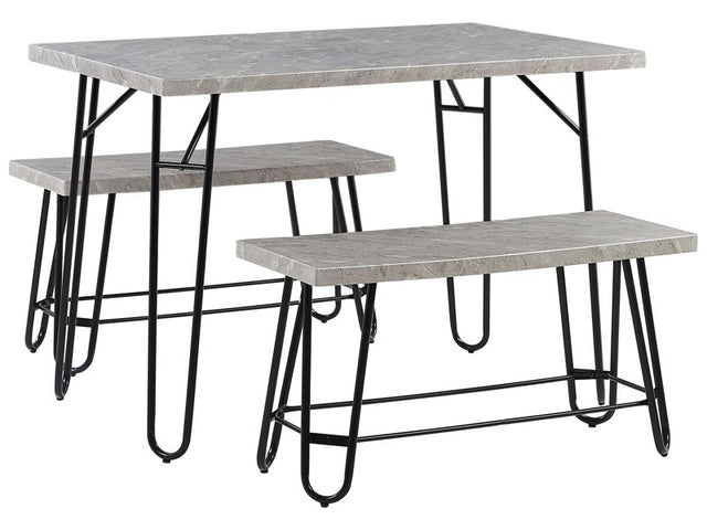 Dining Set Grey and Black Marble Veneer Top 2 Benches 4 Seats Industrial Beliani