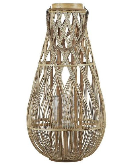 Lantern Light Bamboo Wood and Glass 77 cm Indoor Outdoor Woven Candle Holder Scandinavian Boho Beliani