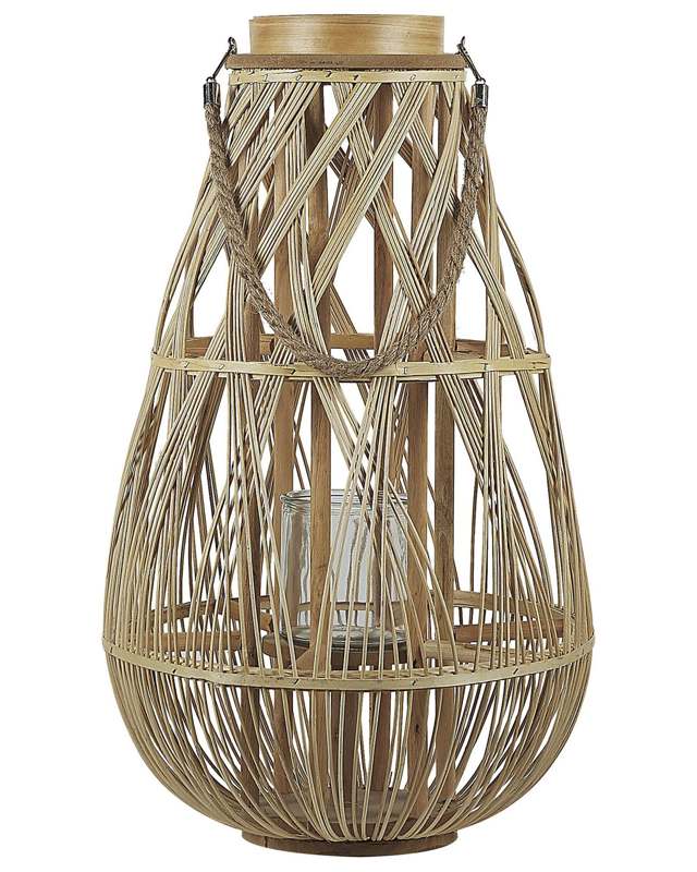 Lantern Light Bamboo Wood and Glass 56 cm Indoor Outdoor Woven Candle Holder Scandinavian Boho Beliani