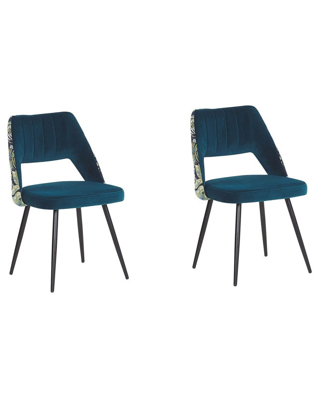 Set of 2 Dining Chairs Blue Velvet Seat Black Metal Legs Cut-Out Back Floral Pattern Beliani