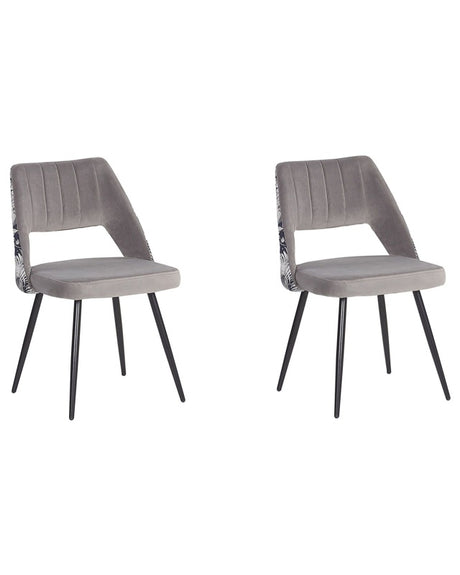 Set of 2 Dining Chairs Grey Velvet Seat Black Metal Legs Cut-Out Back Floral Pattern Beliani