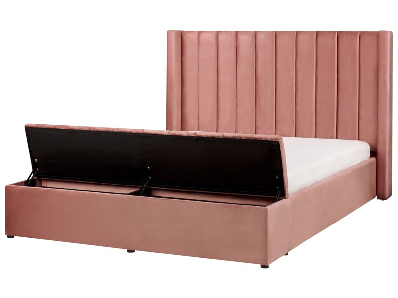 EU King Size Panel Bed Pink Velvet 5ft3 Slatted Base High Headrest with Storage Bench Beliani