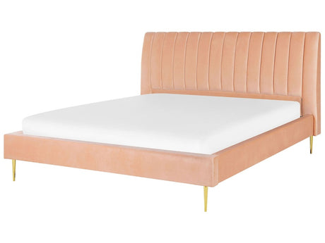 EU Super King Size Panel Bed Peach Pink Velvet 6ft Slatted Base High Headrest Vintage Beliani