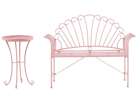 Outdoor Bench Set Pink Metal 2 Seater Flared Armrests with Table Vintage Style Beliani