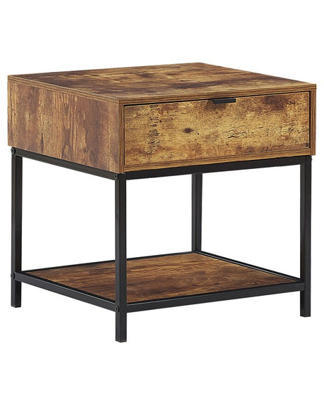 Side End Table Dark Wood Metal Black Frame 1 Drawer Shelf Living Room Furniture Beliani