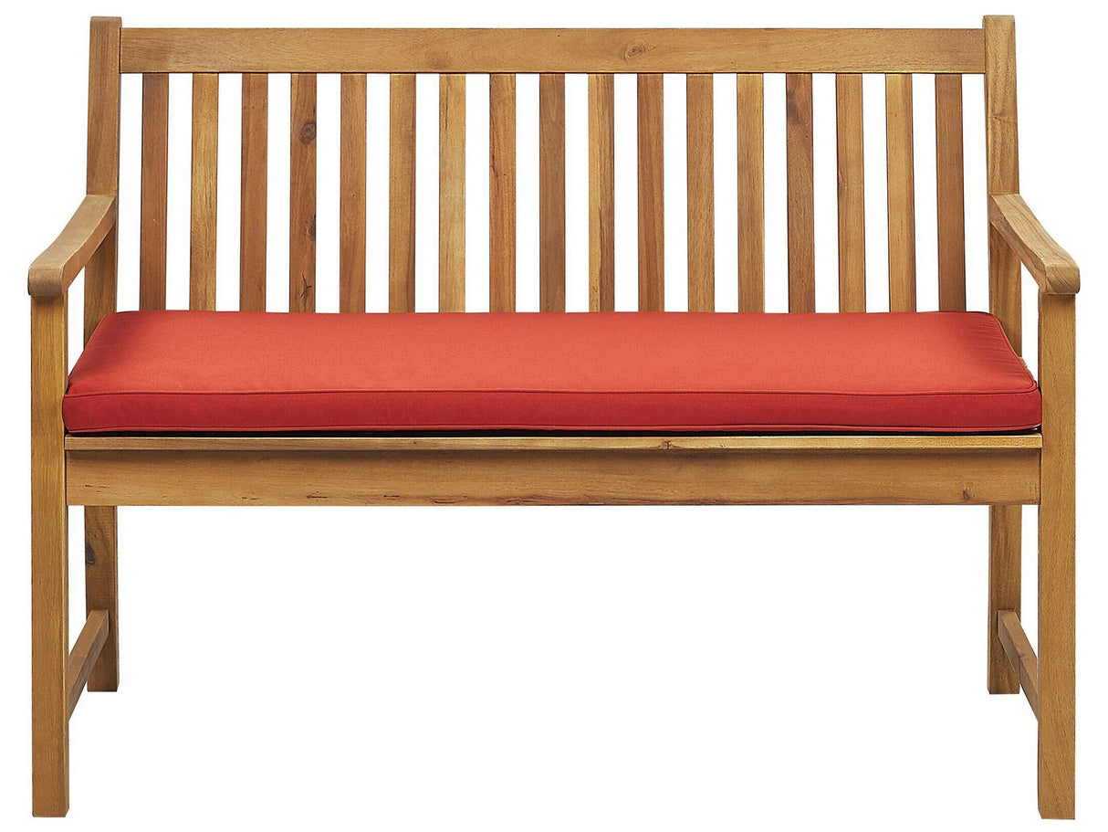 Garden Bench Light Acacia Wood 120 cm Red Seating Cushion Padding Slatted Design Outdoor Patio Rustic Style Beliani