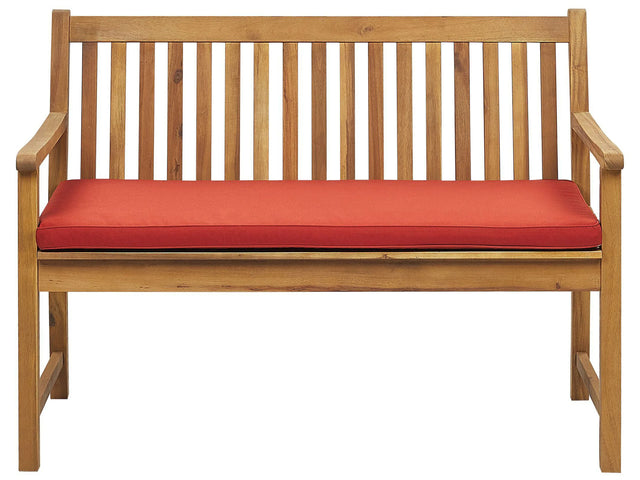 Garden Bench Light Acacia Wood 120 cm Red Seating Cushion Padding Slatted Design Outdoor Patio Rustic Style Beliani