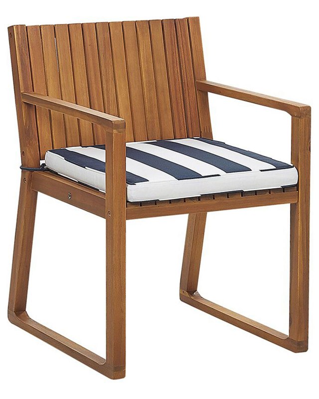 Garden Chair Light Acacia Wood 80 x 59 cm with Navy Blue and White Cushion Rustic Style Beliani