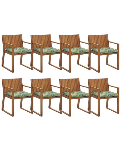 Set of 8 Garden Chairs Light Acacia Wood 80 x 59 cm with Leaf Pattern Green Cushions Rustic Style Beliani