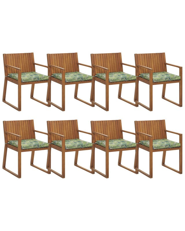 Set of 8 Garden Chairs Light Acacia Wood 80 x 59 cm with Leaf Pattern Green Cushions Rustic Style Beliani