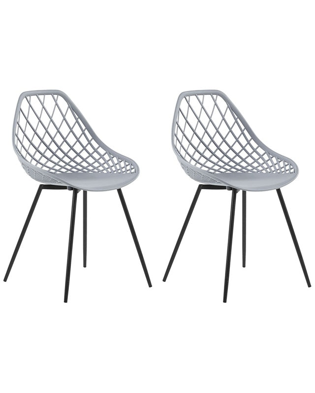 Set of 2 Dining Chairs Grey Synthetic Seat Black Metal Legs Net Design Backrest Modern Scandinavian Beliani