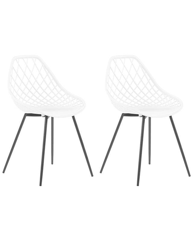 Set of 2 Dining Chairs White Synthetic Seat Black Metal Legs Net Design Backrest Modern Scandinavian Beliani