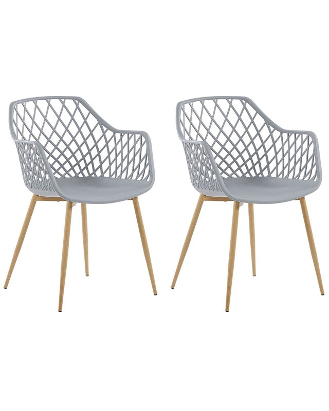 Set of 2 Dining Chairs Grey Synthetic Seat Light Wood Metal Legs Open Net Back Modern Living Room Scandinavian Style Beliani