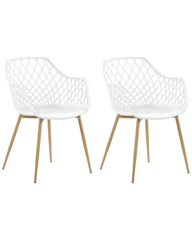 Set of 2 Dining Chairs White Synthetic Seat Light Wood Metal Legs Open Net Back Modern Living Room Scandinavian Style Beliani