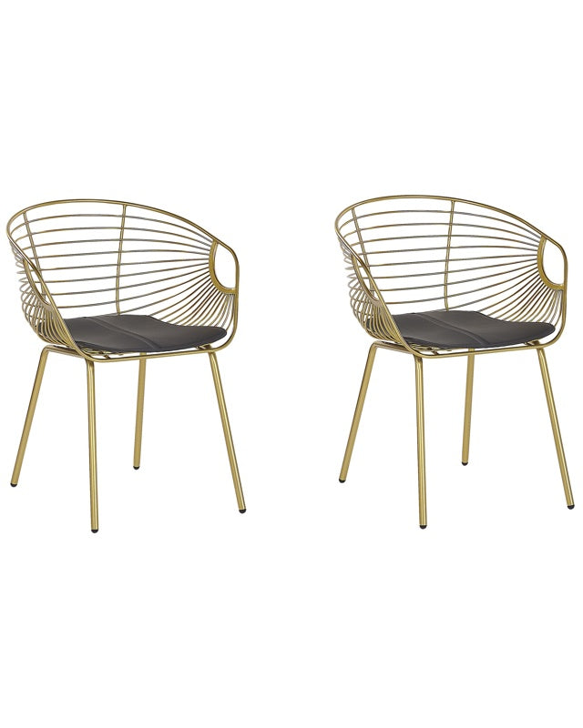 Set of 2 Dining Chairs Gold Metal Wire Design Faux Leather Black Seat Pad Glam Industrial Modern Beliani