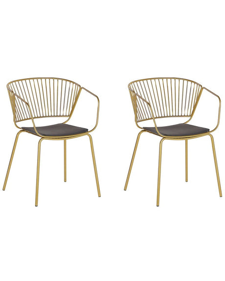 Set of 2 Dining Chairs Gold Metal Wire Design Faux Leather Black Seat Pad Accent Industrial Glam Style Beliani