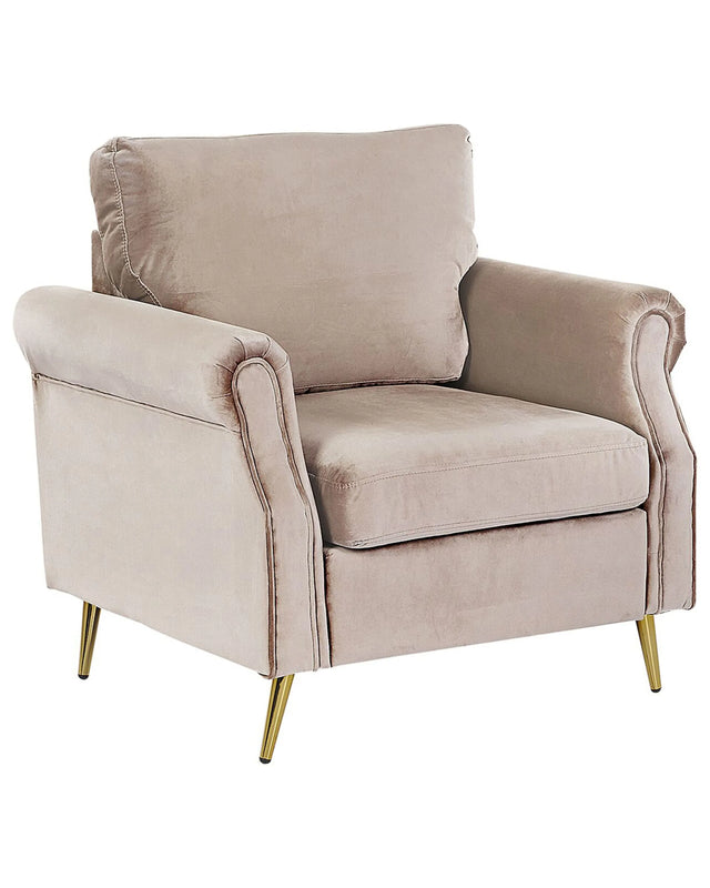 Armchair Taupe Velvet Fabric Upholstery Gold Metal Legs Removable Seat and Back Cushions Retro Glam Style Beliani
