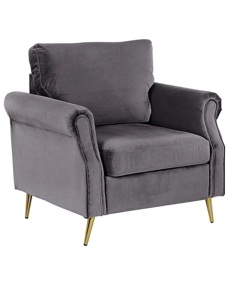Armchair Dark Grey Velvet Fabric Upholstery Gold Metal Legs Removable Seat and Back Cushions Retro Glam Style Beliani