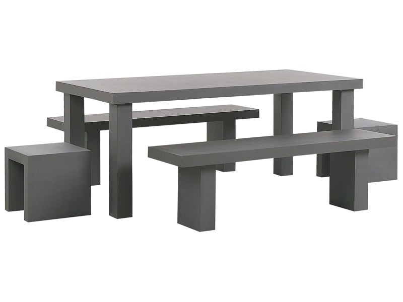 Garden Dining Set Grey Concrete Rectangular Table 2 Benches 2 Stools 6 Seater Water Resistant Beliani