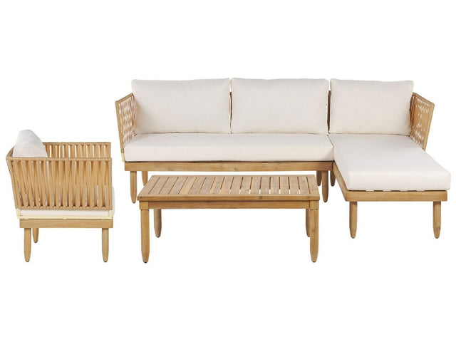 Outdoor Lounge Set Acacia Wood with White Cushions Faux Rattan Armchair Coffee Table Left Hand 4 Seater Beliani