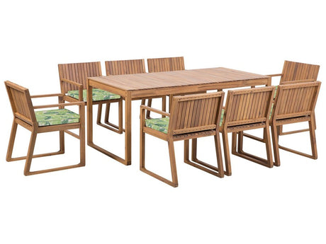 Garden Dining Set Light Acacia Wood Table 8 Chairs with Leaf Pattern Green Cushions Rustic Style Beliani