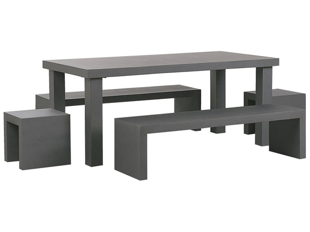 Garden Dining Set Grey Concrete Rectangular Table 2 U Shaped Benches 2 Stools 6 Seater Water Resistant Beliani