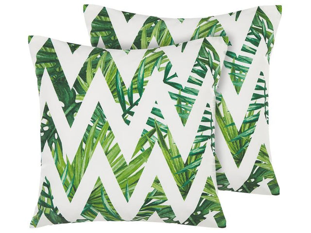 Set of 2 Garden Cushions White and Green Polyester Square 45 cm Chevron Floral Pattern Modern Outdoor Decor Beliani