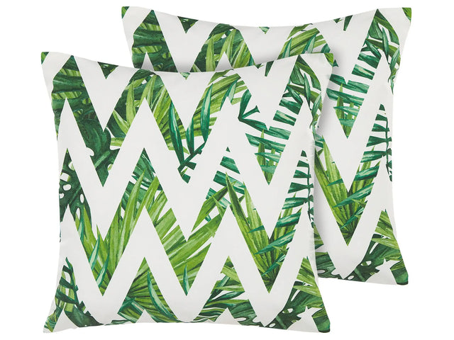 Set of 2 Garden Cushions White and Green Polyester Square 45 cm Chevron Floral Pattern Modern Outdoor Decor Beliani