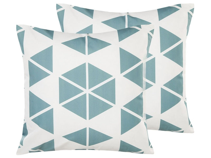 Set of 2 Outdoor Garden Pillows White and Blue Polyester Square 45 x 45 cm Triangle Geometric Pattern Beliani