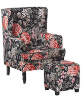 Armchair with Footstool Black Floral Pattern Fabric Wooden Legs Wingback Style Beliani