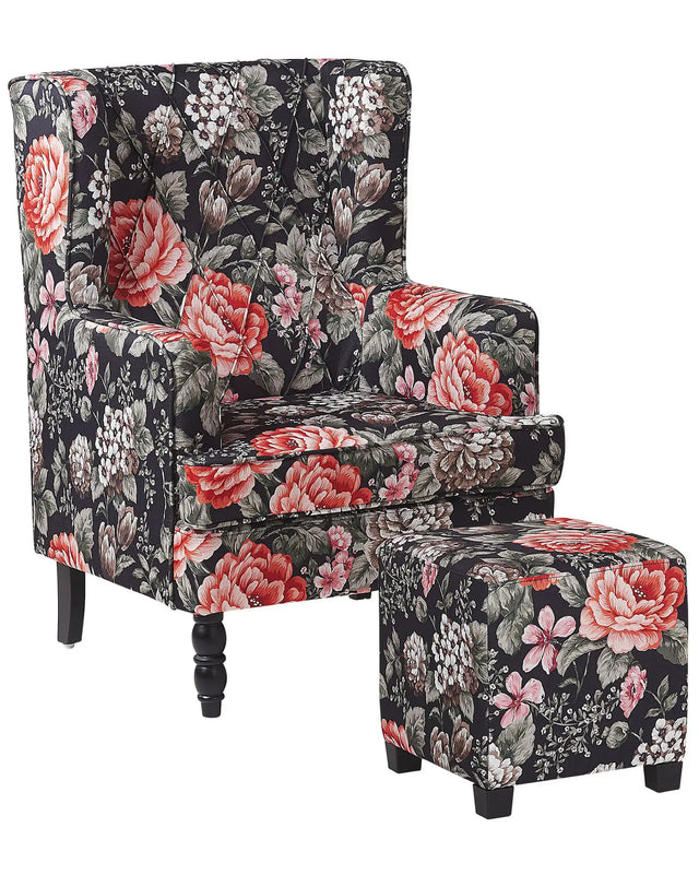 Armchair with Footstool Black Floral Pattern Fabric Wooden Legs Wingback Style Beliani