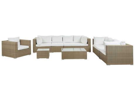 Garden Lounging Set Light Brown PE Rattan Cream Cushions for 8 People 5 Piece Outdoor Set Beliani