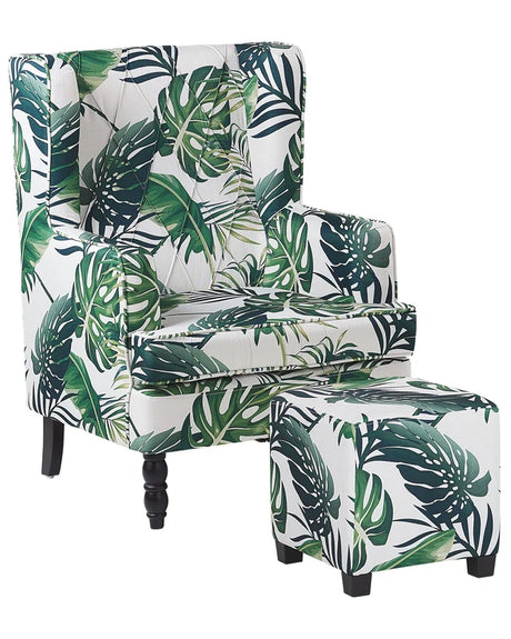 Armchair with Footstool White and Green Leaf Pattern Fabric Wooden Legs Wingback Style Beliani