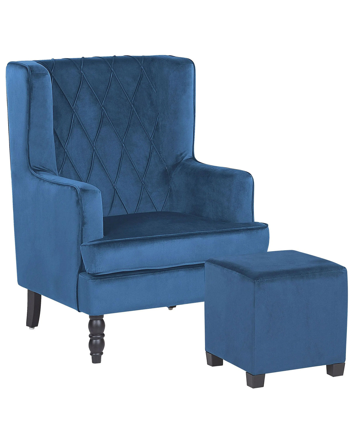 Armchair with Footstool Blue Velvet Fabric Wooden Legs Wingback Style Beliani