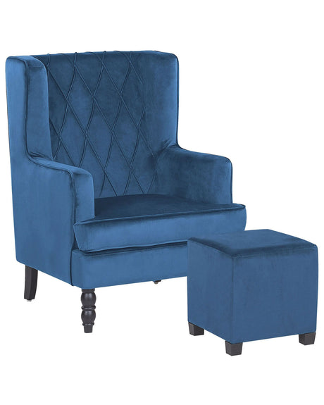 Armchair with Footstool Blue Velvet Fabric Wooden Legs Wingback Style Beliani