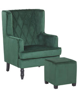 Armchair with Footstool Green Velvet Fabric Wooden Legs Wingback Style Beliani