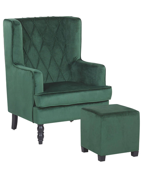 Armchair with Footstool Green Velvet Fabric Wooden Legs Wingback Style Beliani