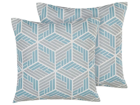 Set of 2 Garden Cushions Grey and Blue Polyester Square 45 cm 3D Effect Geometric Pattern Modern Design Beliani