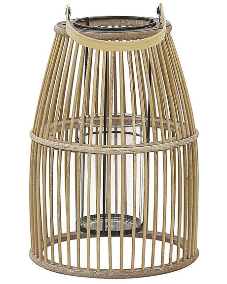 Lantern Beige Bamboo Wood 32 cm with Glass Holder Boho Style Indoor and Outdoor Beliani