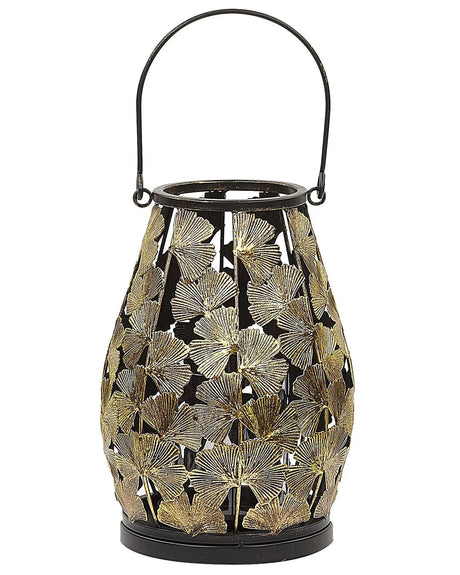 Lantern Gold Metal 27 cm with Glass Candle Holder Leaf Pattern Modern Beliani