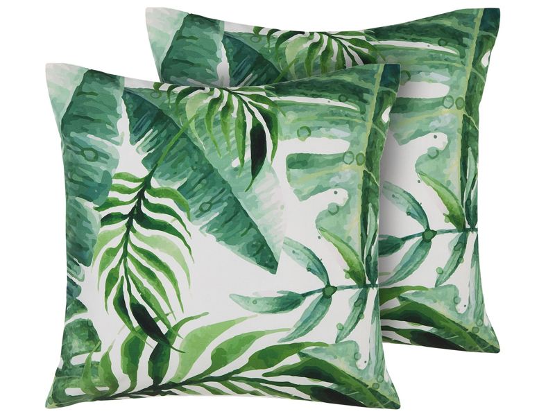 Set of 2 Garden Cushions Green Leaf Motif Polyester Square 45 x 45 cm Water Proof Modern Design Beliani