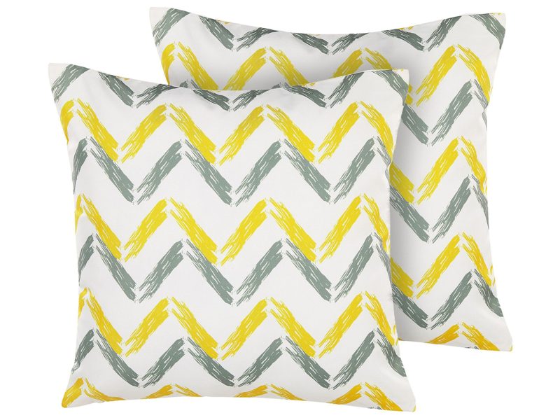 Set of 2 Garden Cushions Yellow and Grey Multicolour Polyester Chevron Pattern 45 x 45 cm Modern Outdoor Decoration Water Resistant Beliani