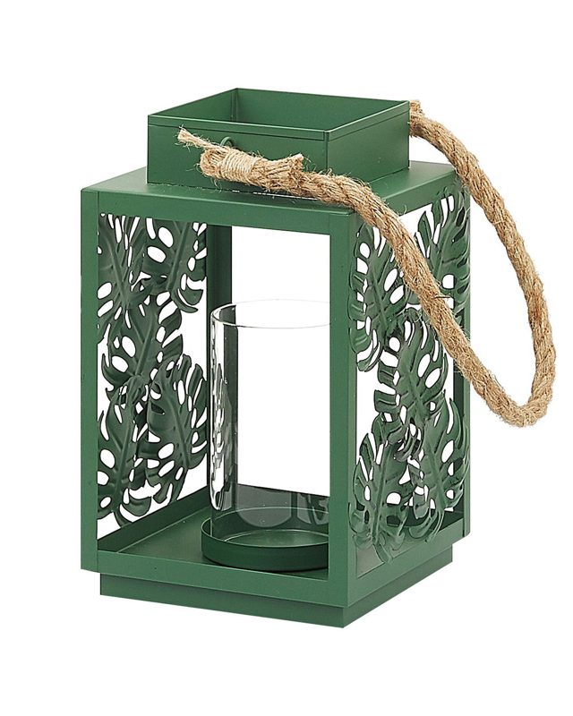 Lantern Green Metal 25 cm Glass Candle Holder Monstera Leaves Boho Decoration Beliani