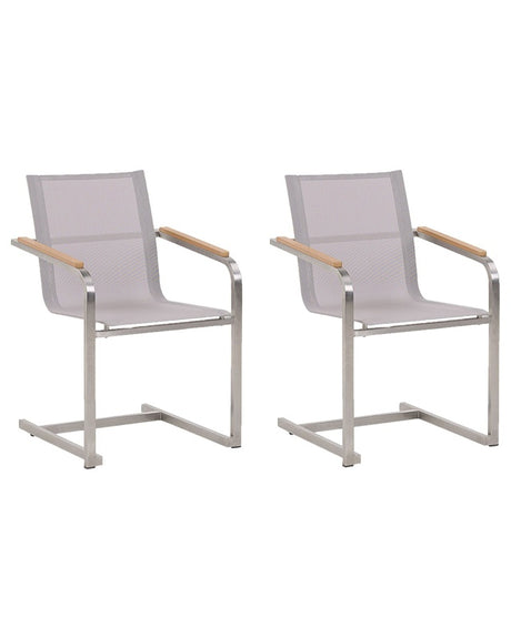 Set of 2 Garden Chairs Beige Synthetic Seat Stainless Steel Frame Cantilever Style Beliani